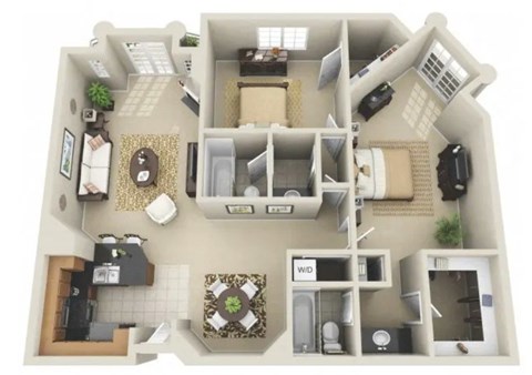 A 3D floor plan of a house with a living room, kitchen, dining room, and bedrooms.